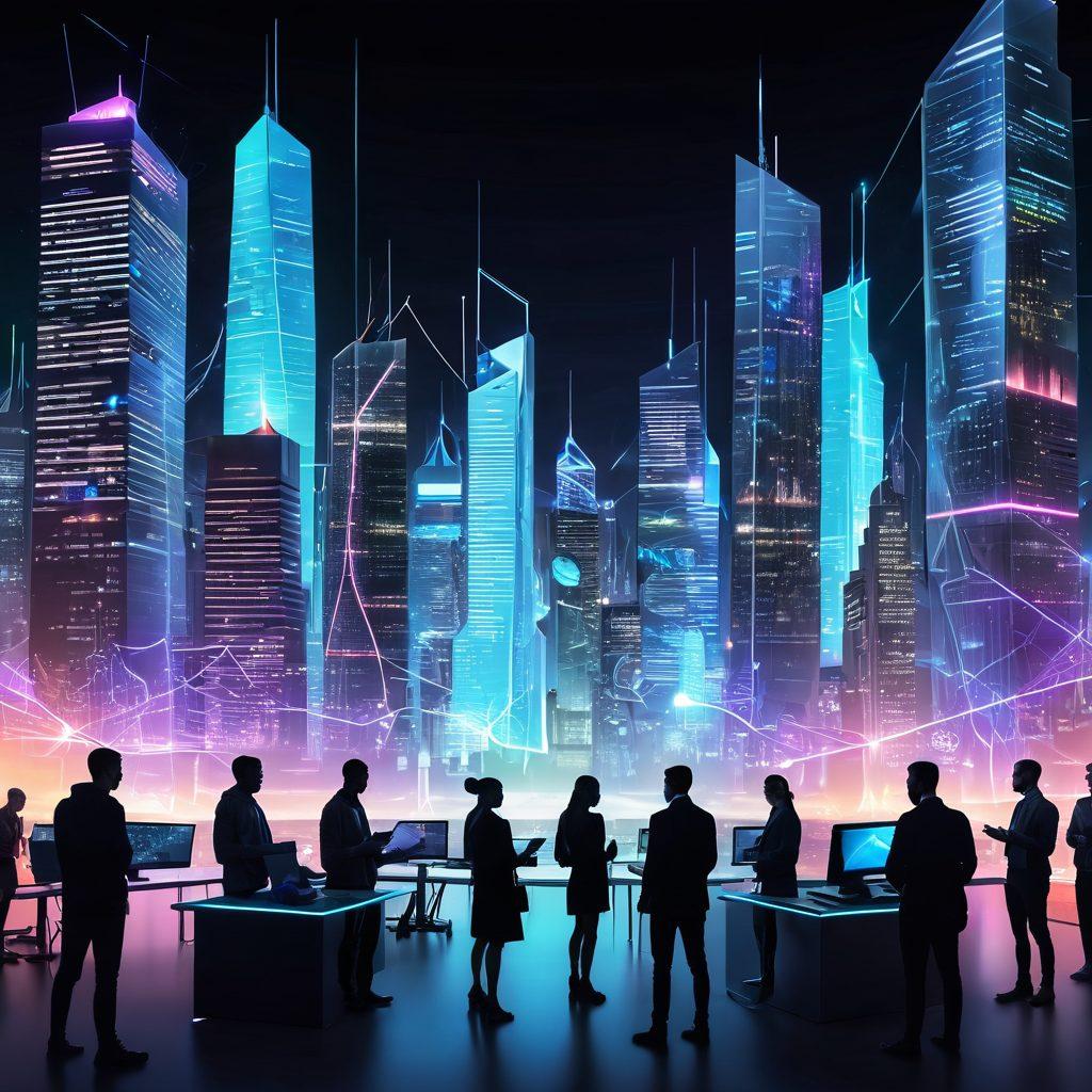 A futuristic city skyline representing advanced technology, with digital networks illustrated as glowing lines connecting buildings. In the foreground, a diverse group of people using various devices, smiling while interacting over a secure network. Include symbolic elements of security like shields and locks integrated within the network visuals. The color scheme should feature bright, vibrant colors to convey positivity and connectivity. 3D. cyberpunk.