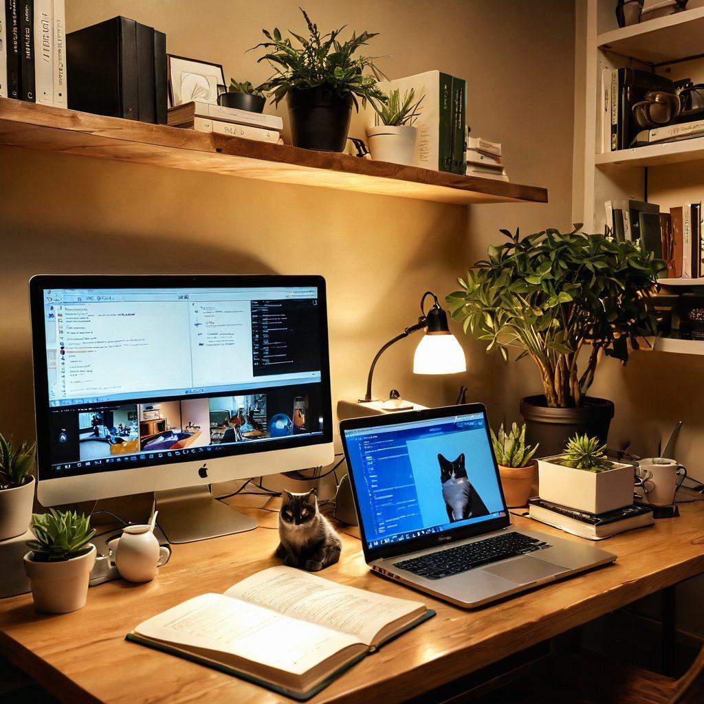 A cozy home office scene featuring a person lovingly configuring a custom router, surrounded by open-source firmware books and a laptop displaying network diagrams. Warm lighting casts a nurturing atmosphere as plants and family photos adorn the background, symbolizing secure connections. Show a joyful cat nearby for companionship. super-realistic. warm color palette. soft focus.